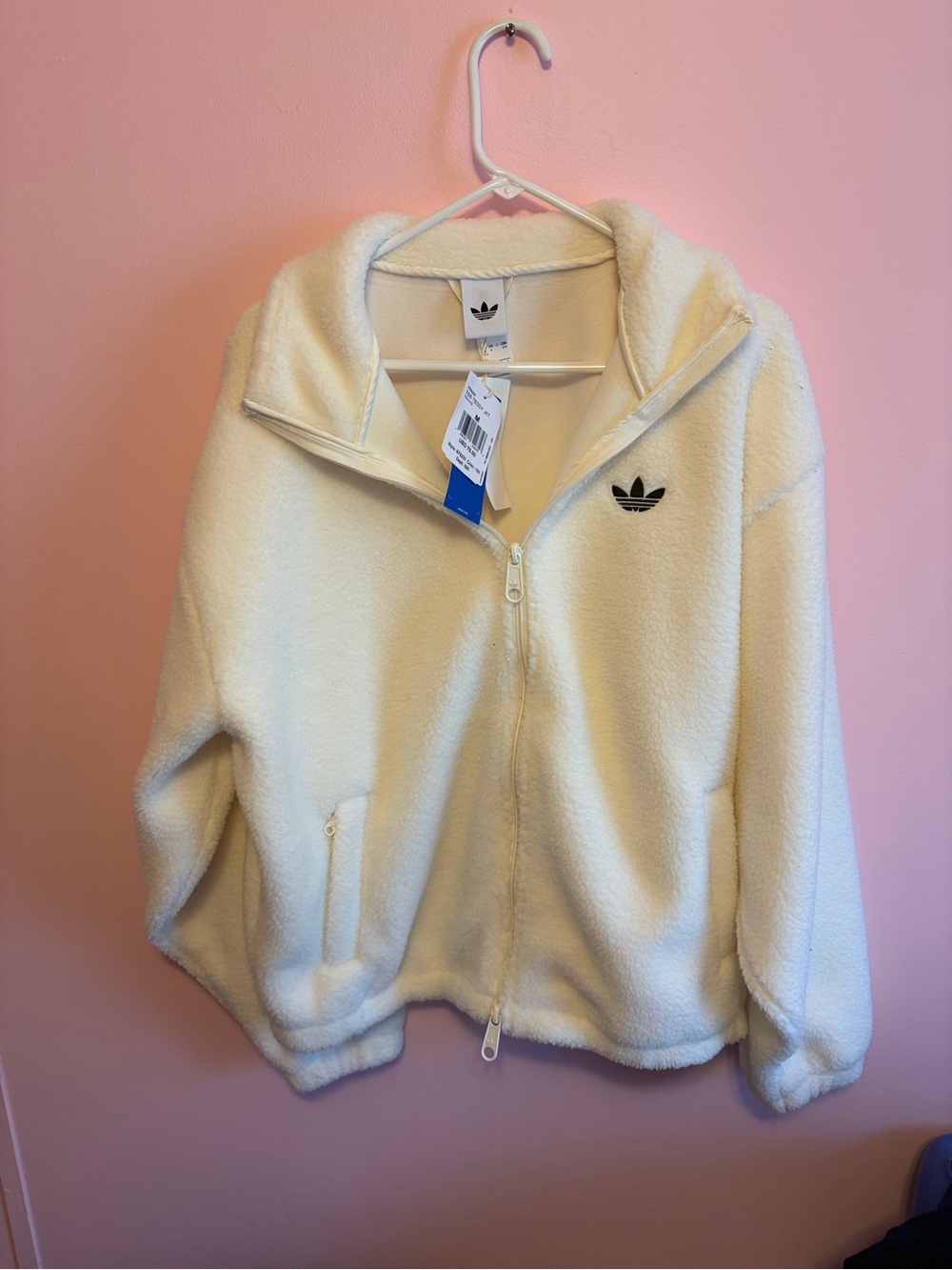 adidas Cream Fleece Full-Zip Jacket with Black Trefoil